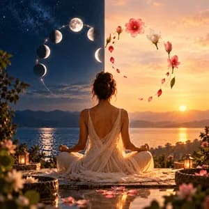 Woman meditating between night and day, with moon phases and blossoms