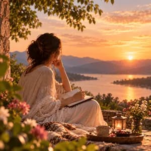 Woman journaling by the water at sunset, pausing to reflect